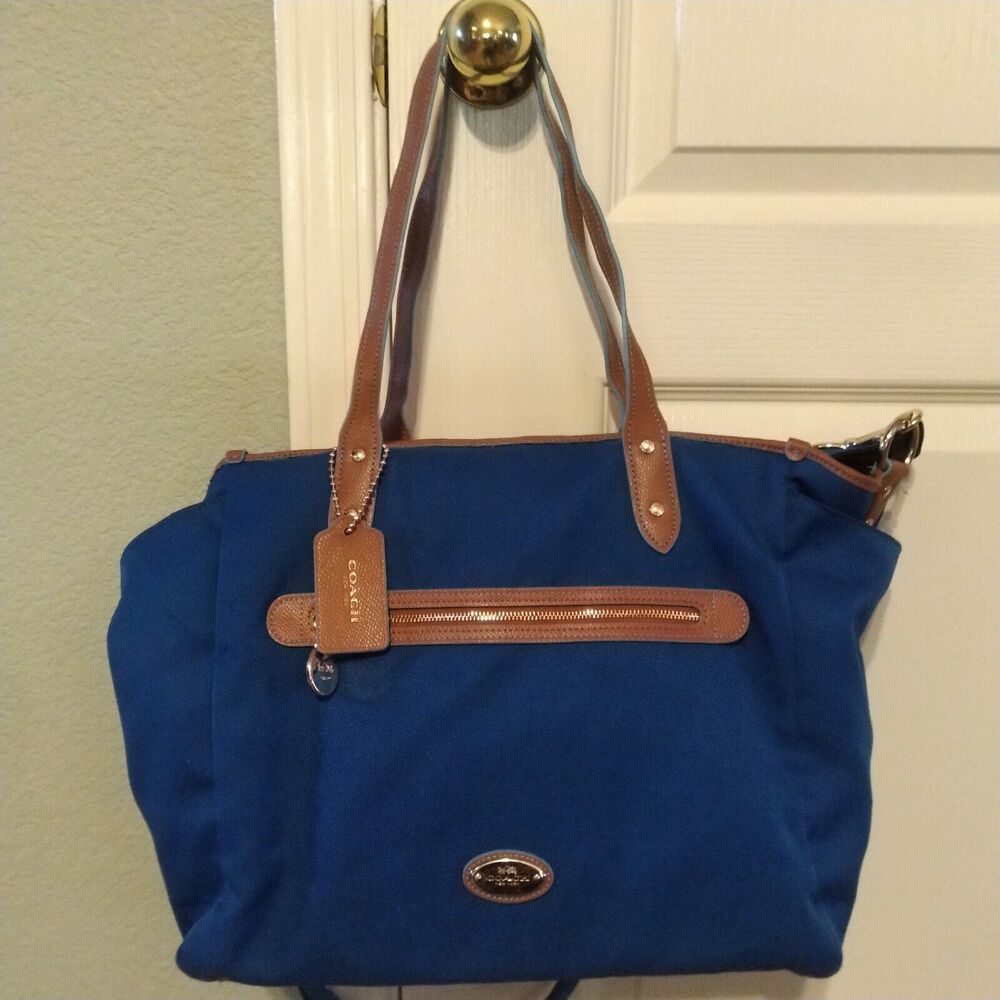 COACH Sawyer Rare Mineral Blue Canvas Travel Large Tote Shoulder Bag $495 - Picture 2 of 13